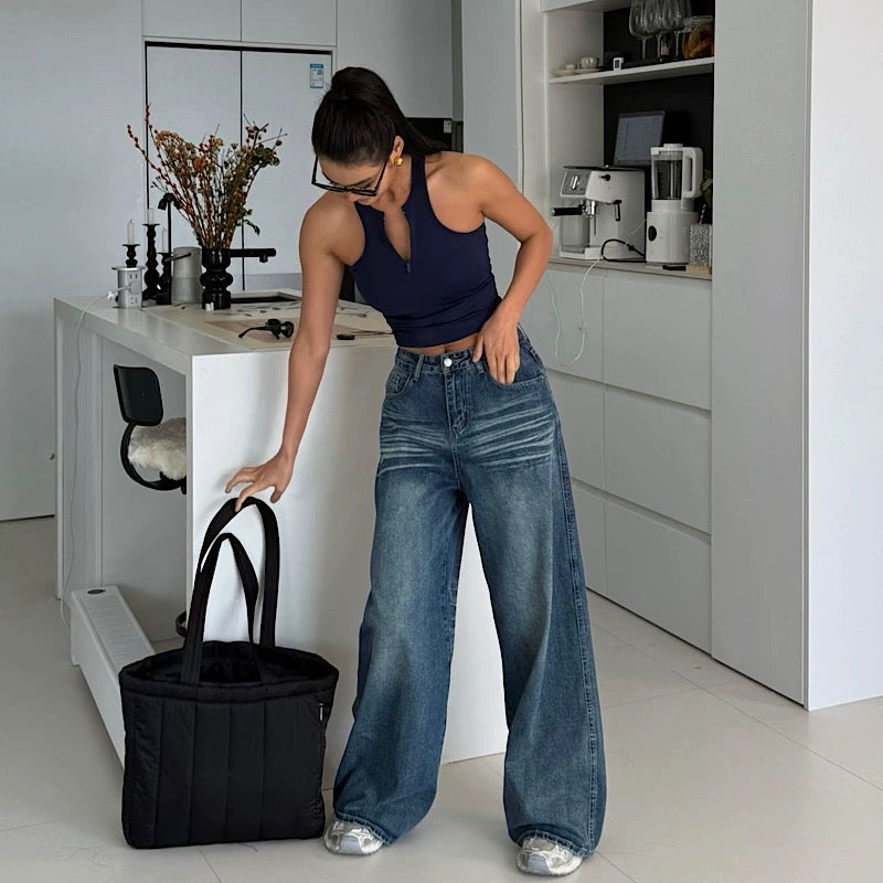 Pearl Denim - 3D Whiskered Casual Blue Wide-Leg Jeans