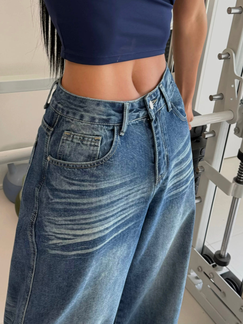 Pearl Denim - 3D Whiskered Casual Blue Wide-Leg Jeans