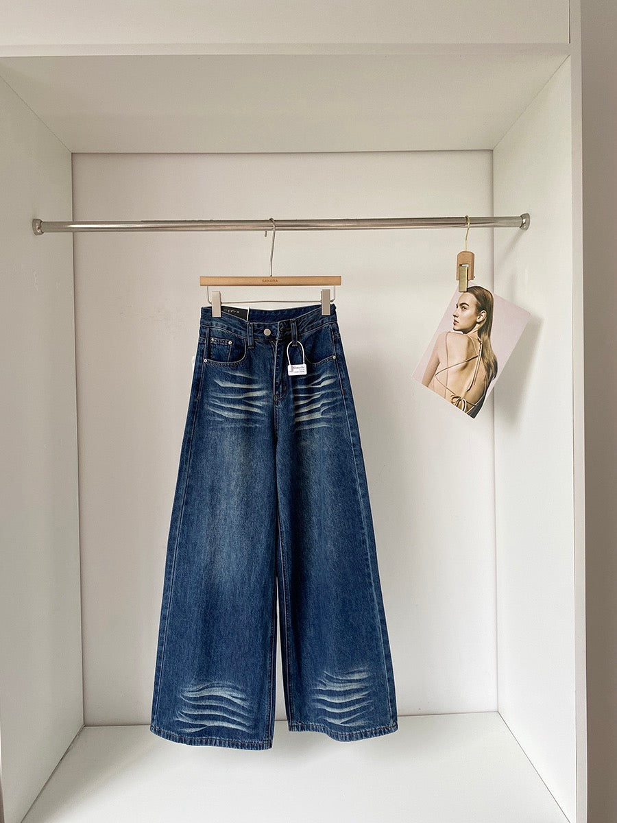 Extreme Waistline- Vintage Washed Wide-Leg Straight Jeans