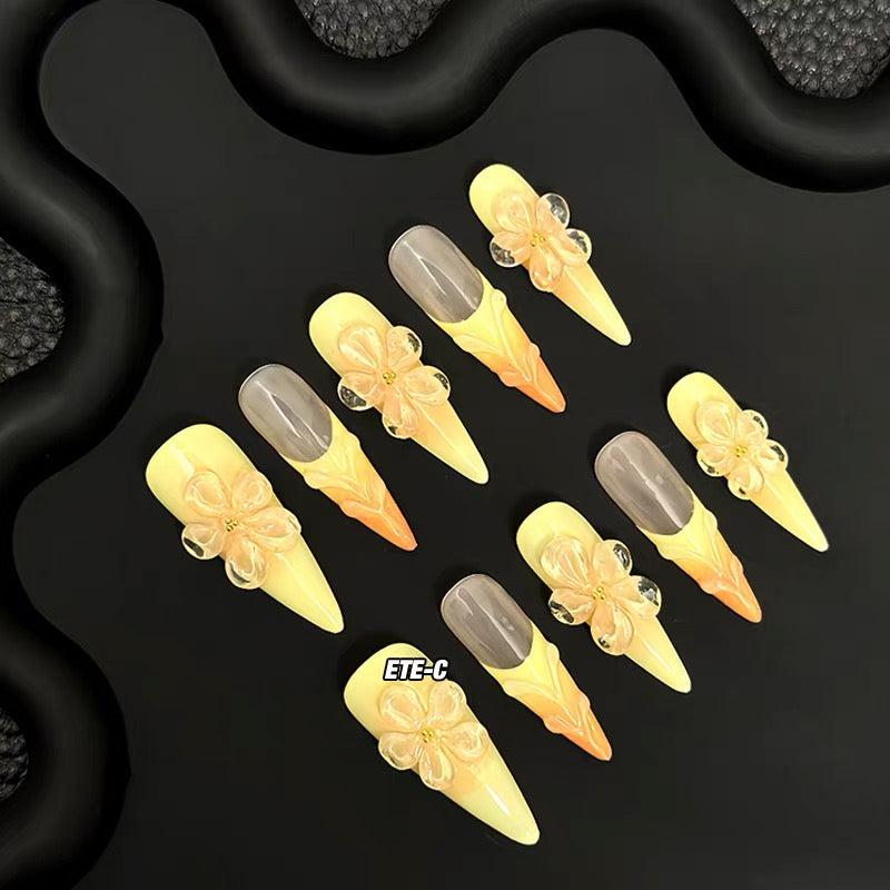 C+ Series Elaborate Handcrafted Wearable Nails with 3D Large Yellow Floral Design