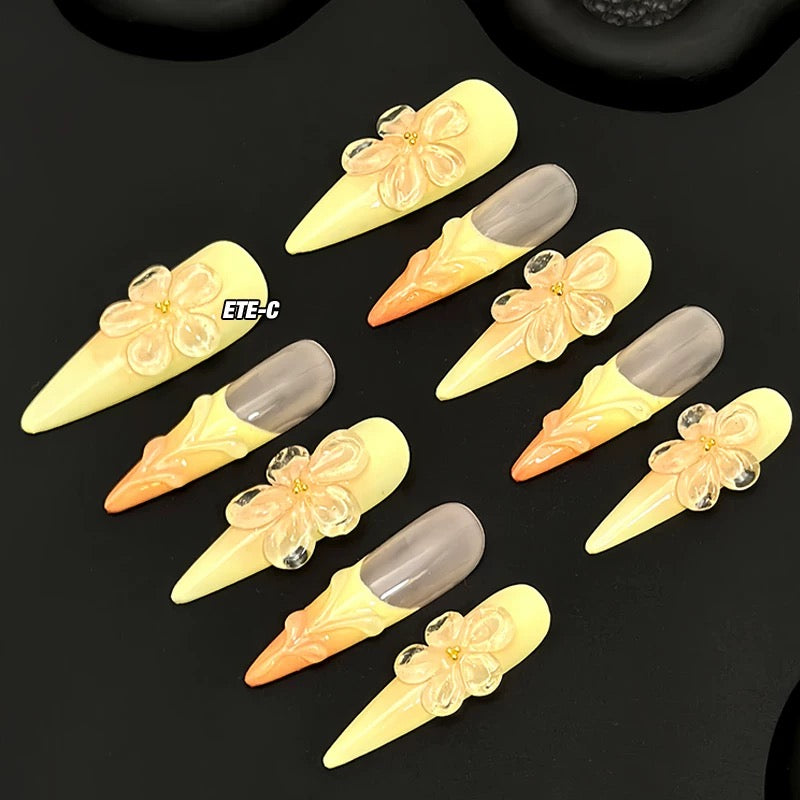 C+ Series Elaborate Handcrafted Wearable Nails with 3D Large Yellow Floral Design