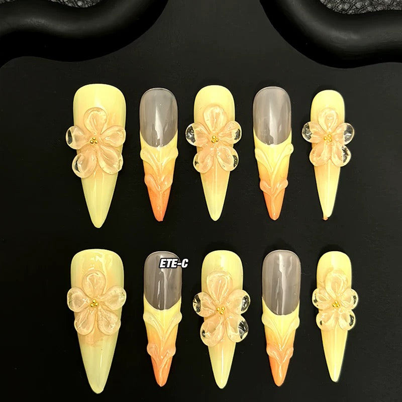 C+ Series Elaborate Handcrafted Wearable Nails with 3D Large Yellow Floral Design