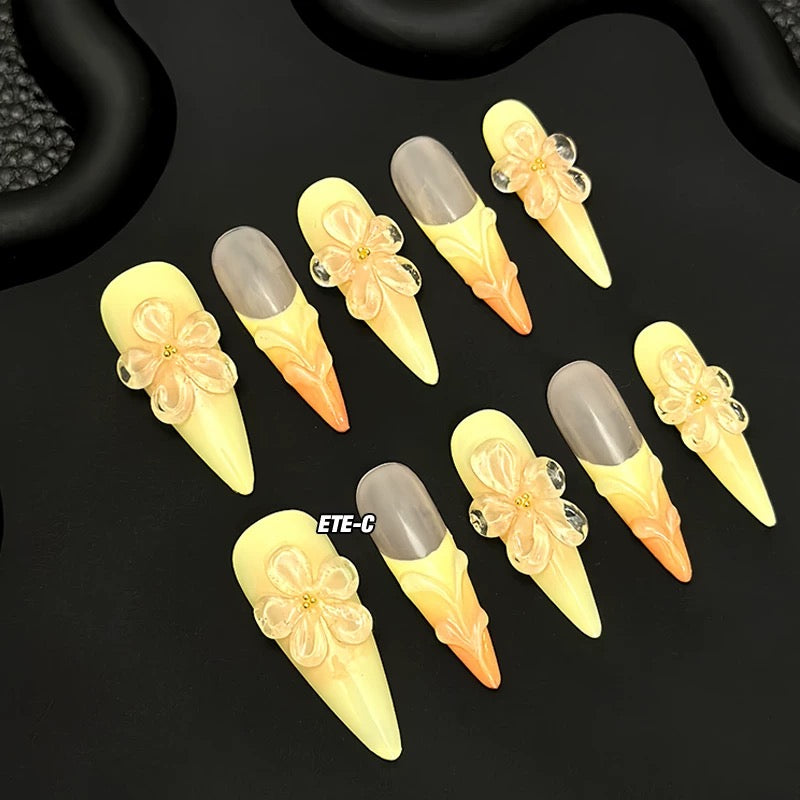 C+ Series Elaborate Handcrafted Wearable Nails with 3D Large Yellow Floral Design