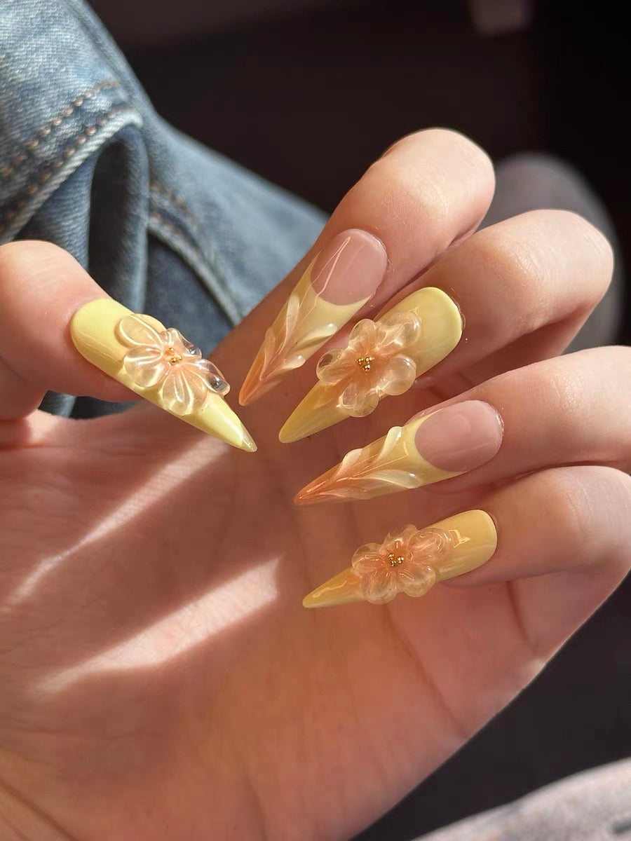 C+ Series Elaborate Handcrafted Wearable Nails with 3D Large Yellow Floral Design