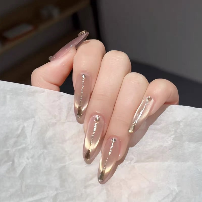 Korean Cat-Eye Elegant Medium-Long Almond Press-On Nails in Beige Tones