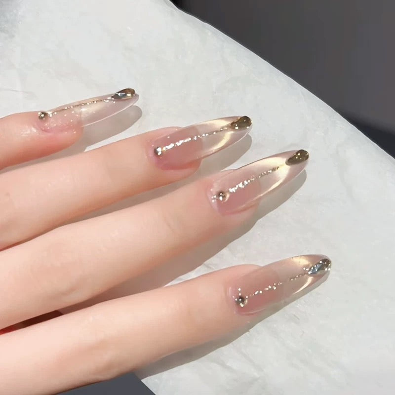 Korean Cat-Eye Elegant Medium-Long Almond Press-On Nails in Beige Tones
