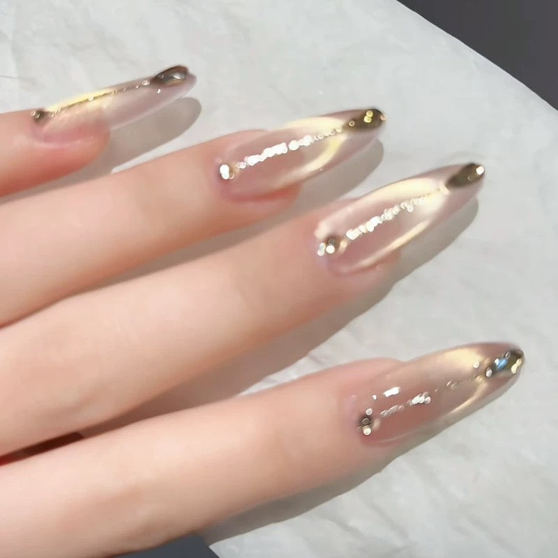 Korean Cat-Eye Elegant Medium-Long Almond Press-On Nails in Beige Tones