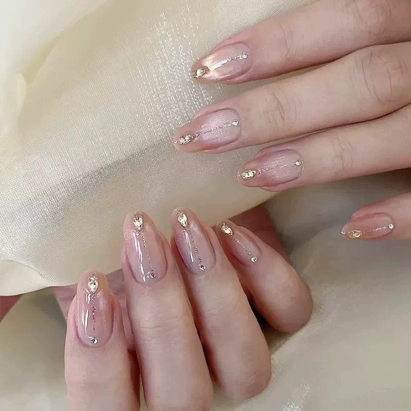 Korean Cat-Eye Elegant Medium-Long Almond Press-On Nails in Beige Tones