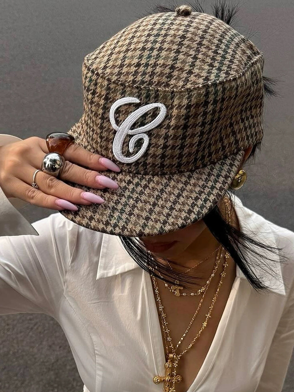 Retro Houndstooth Flat Cap, Large Size Embroidered Hat