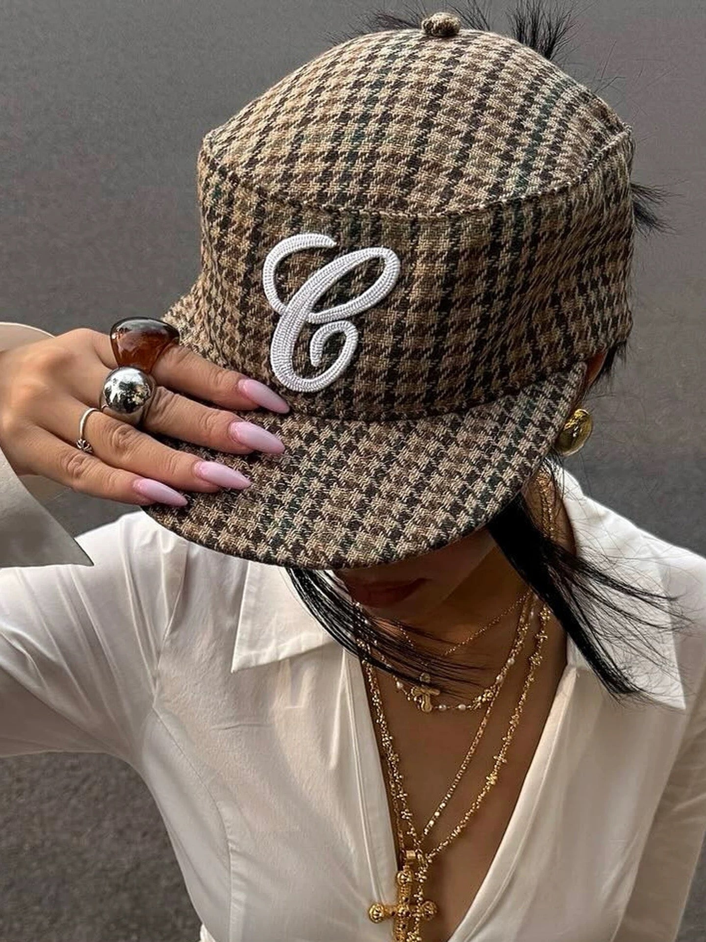 Retro Houndstooth Flat Cap, Large Size Embroidered Hat