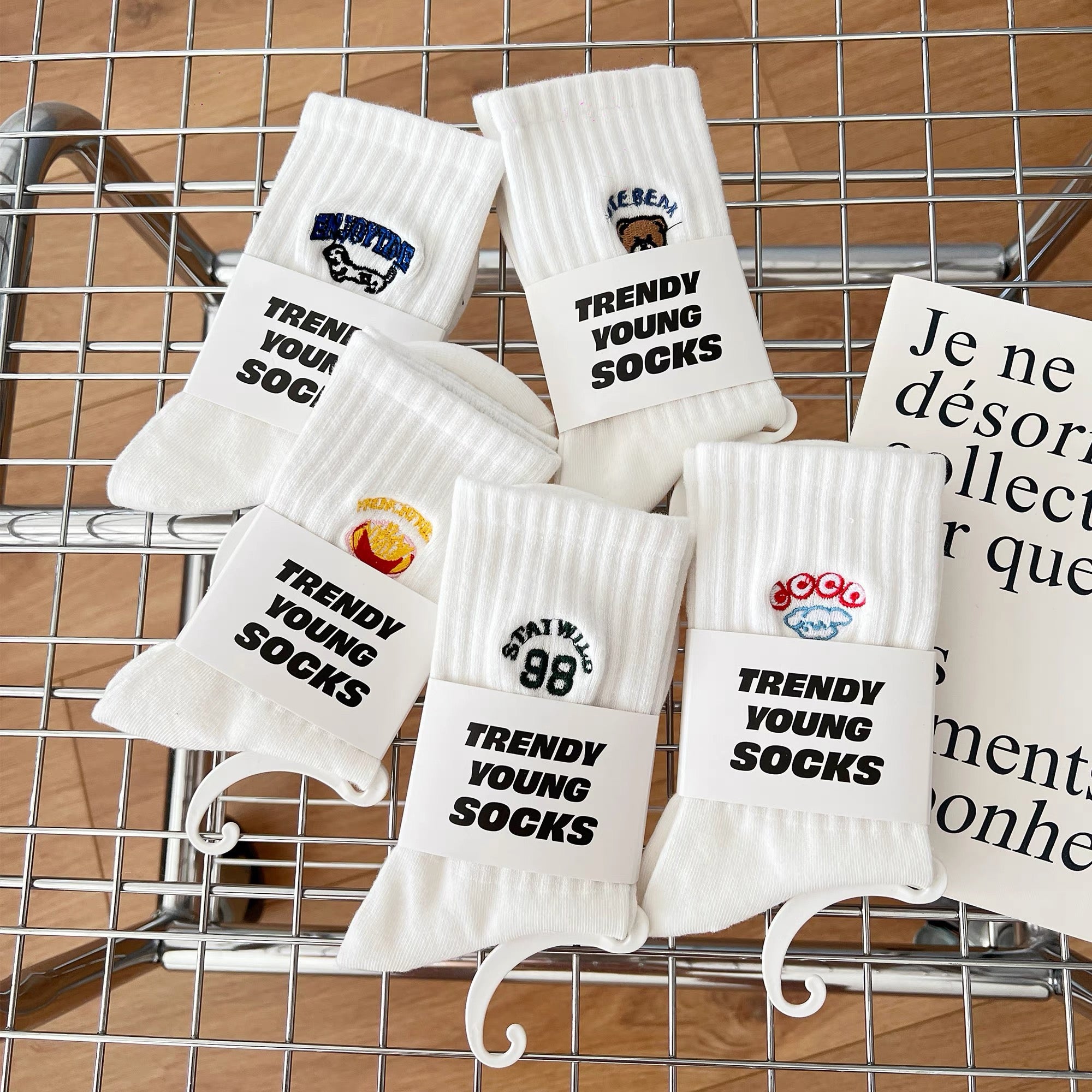 Japanese Embroidered White Cotton Mid-Calf Socks