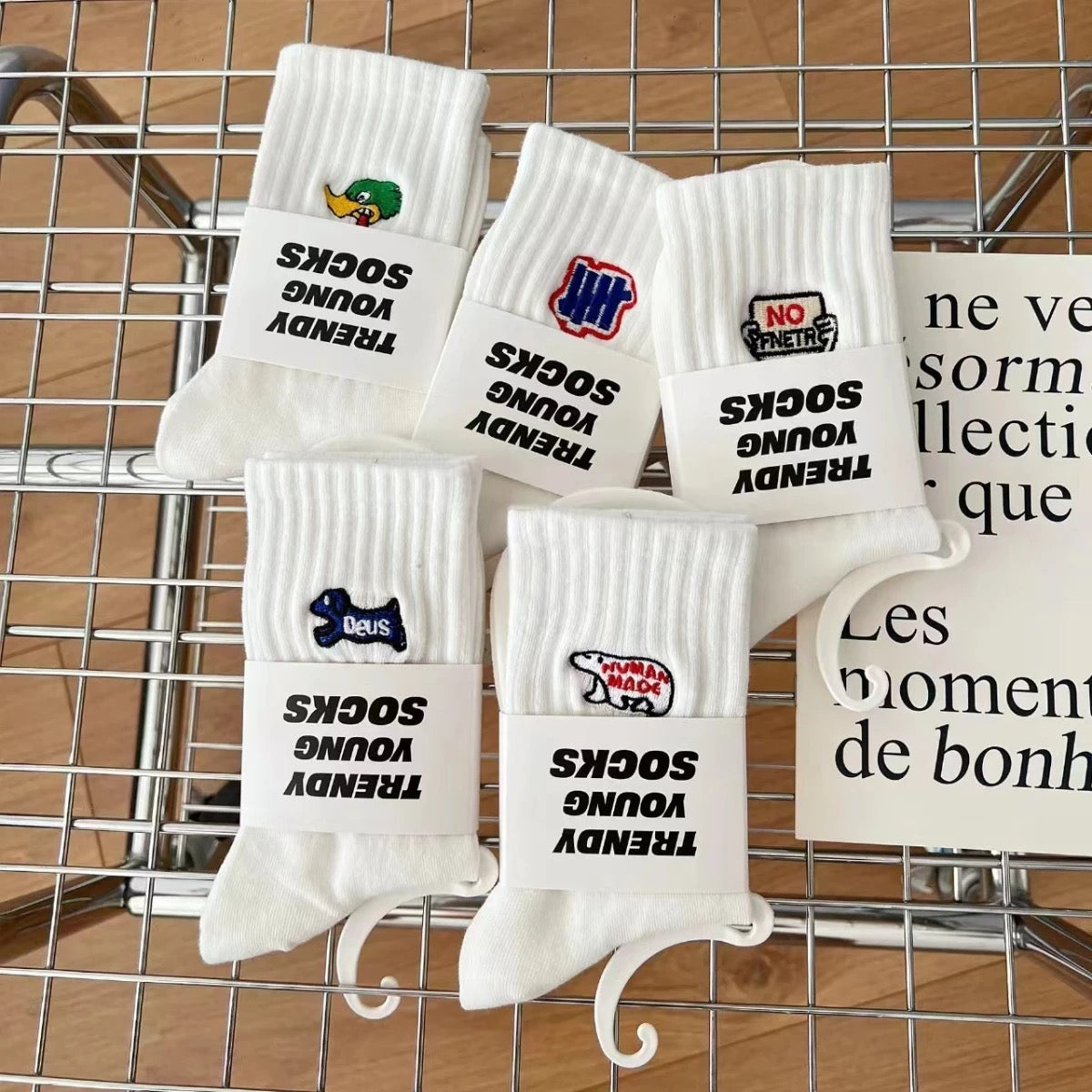 Japanese Embroidered White Cotton Mid-Calf Socks