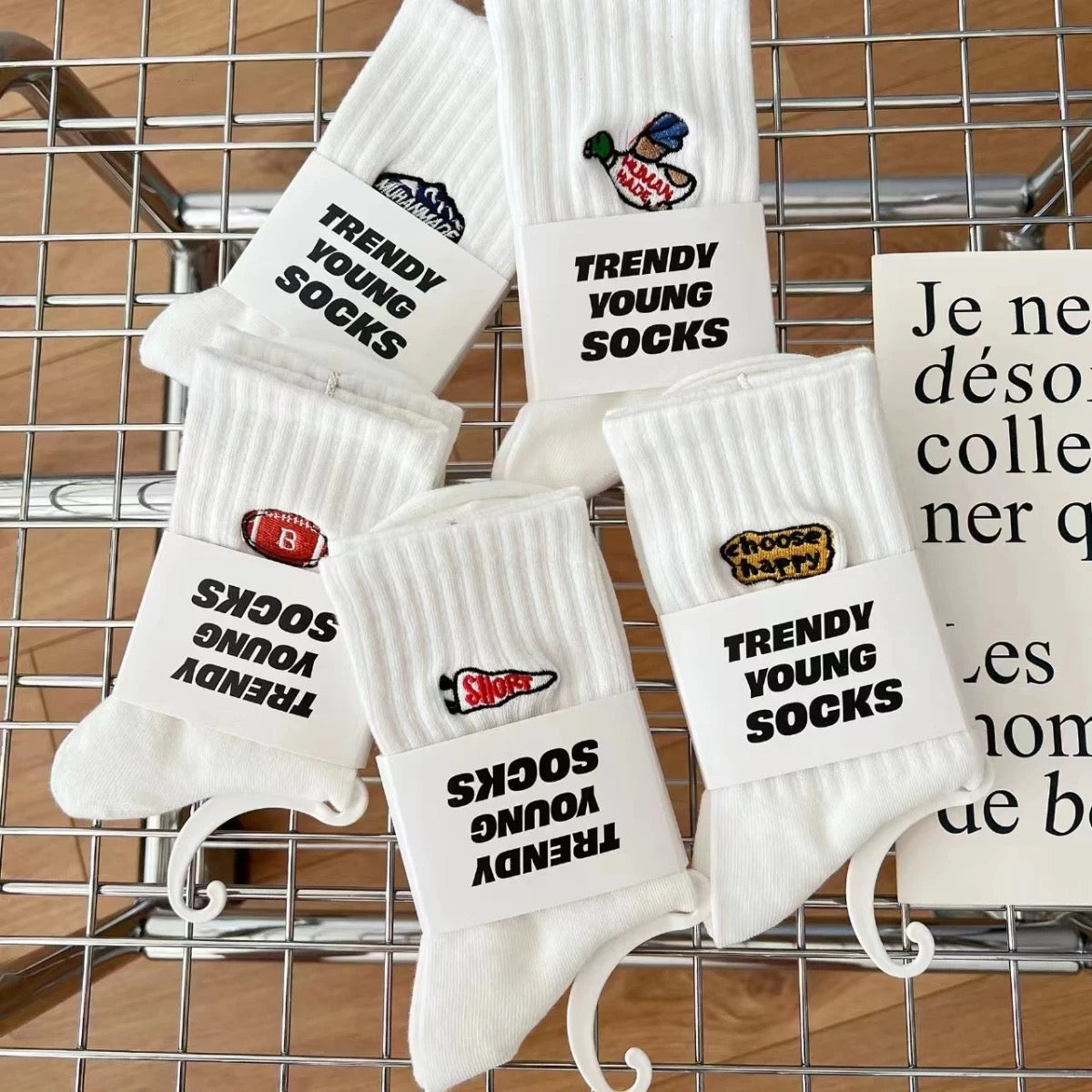 Japanese Embroidered White Cotton Mid-Calf Socks