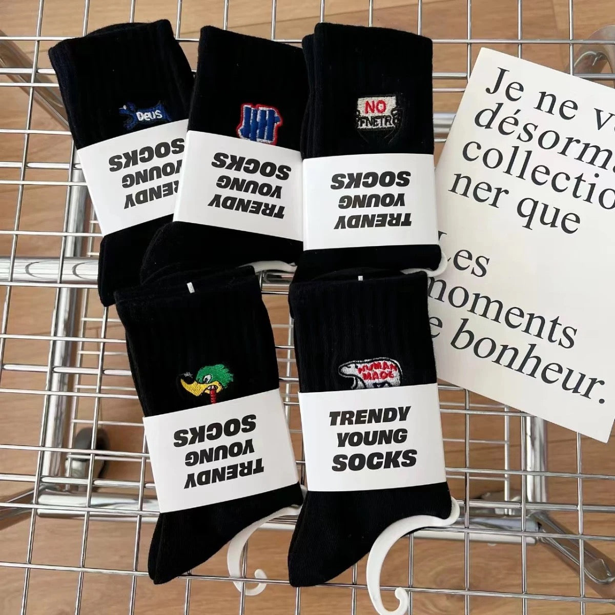 Japanese Embroidered White Cotton Mid-Calf Socks