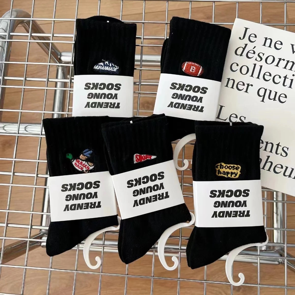Japanese Embroidered White Cotton Mid-Calf Socks