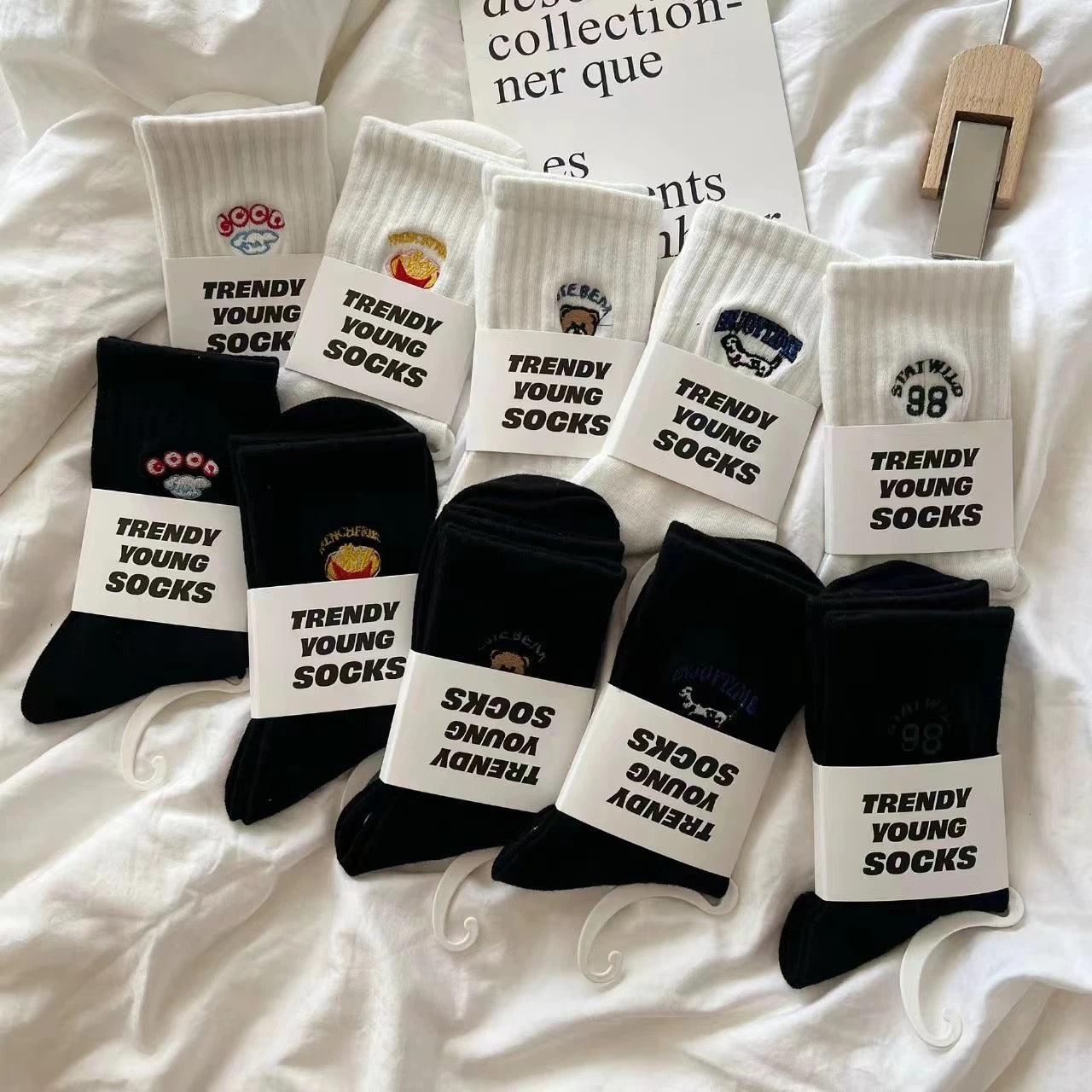 Japanese Embroidered White Cotton Mid-Calf Socks