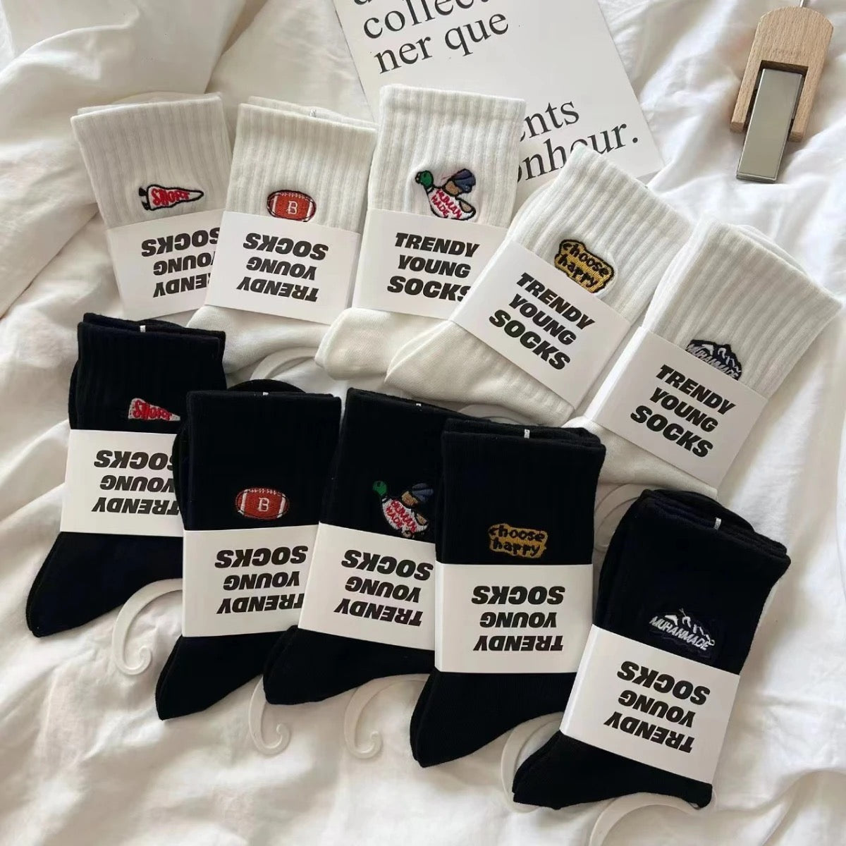Japanese Embroidered White Cotton Mid-Calf Socks