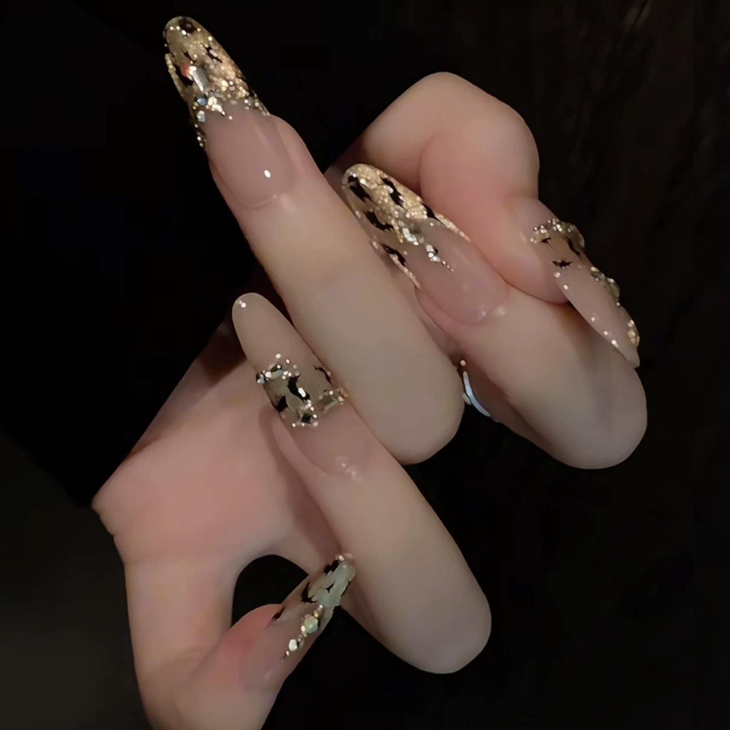 Chen Designer- Champagne Leopard Print Glitter Handmade Press-On Nails
