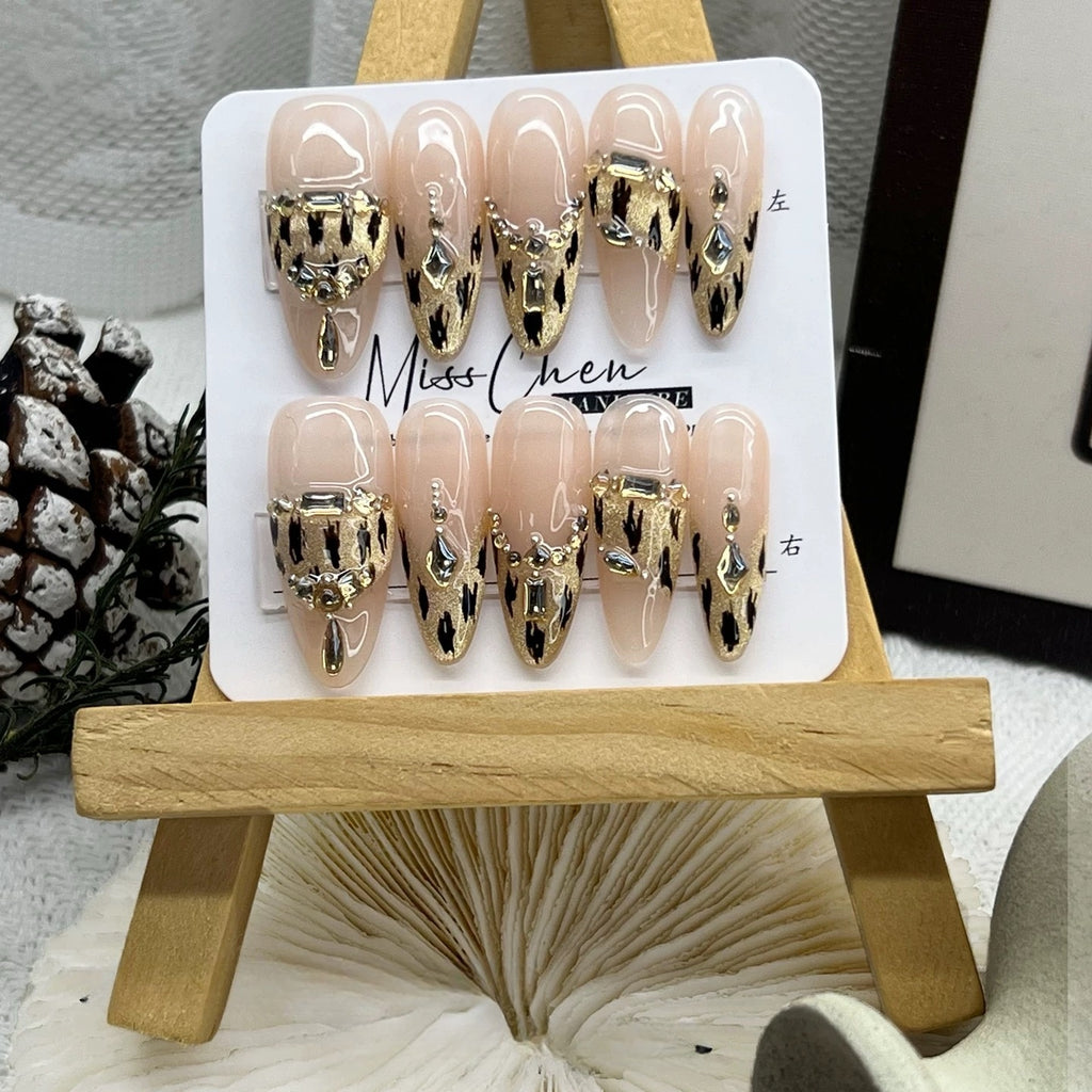 Chen Designer- Champagne Leopard Print Glitter Handmade Press-On Nails