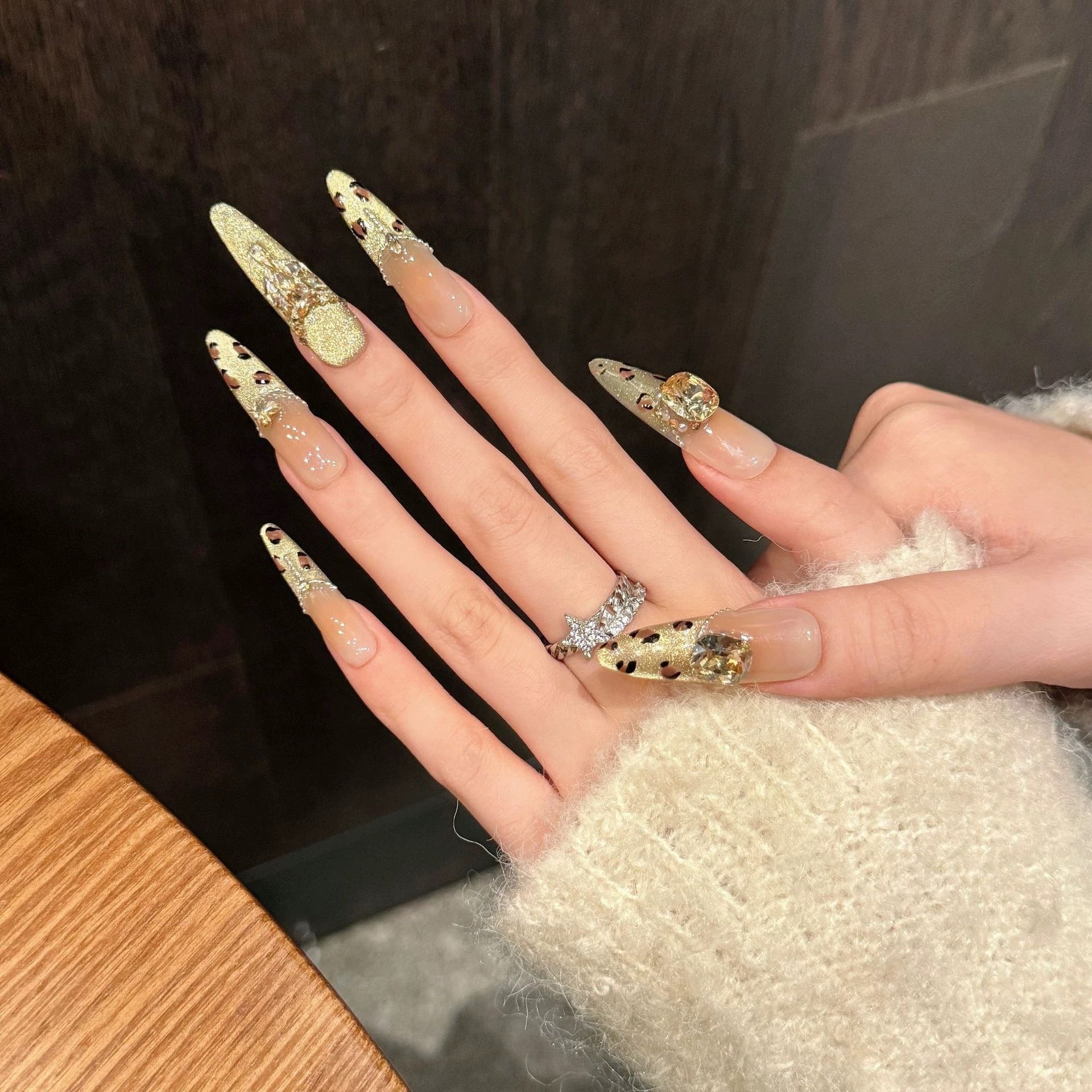 Golden Leopard Print & Gold Cat-Eye Handmade Press-On Nails