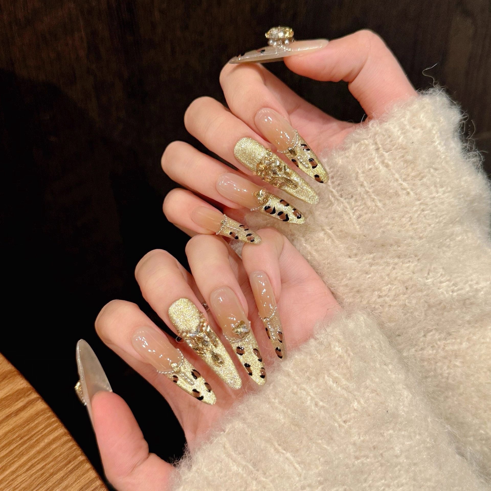 Golden Leopard Print & Gold Cat-Eye Handmade Press-On Nails