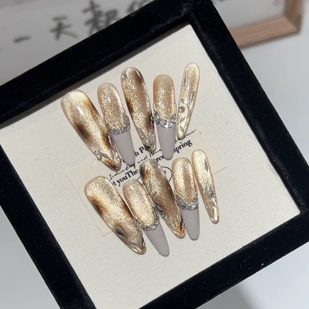 Tortoiseshell Cat-Eye & French Crystal Cat-Eye Press-On Nails