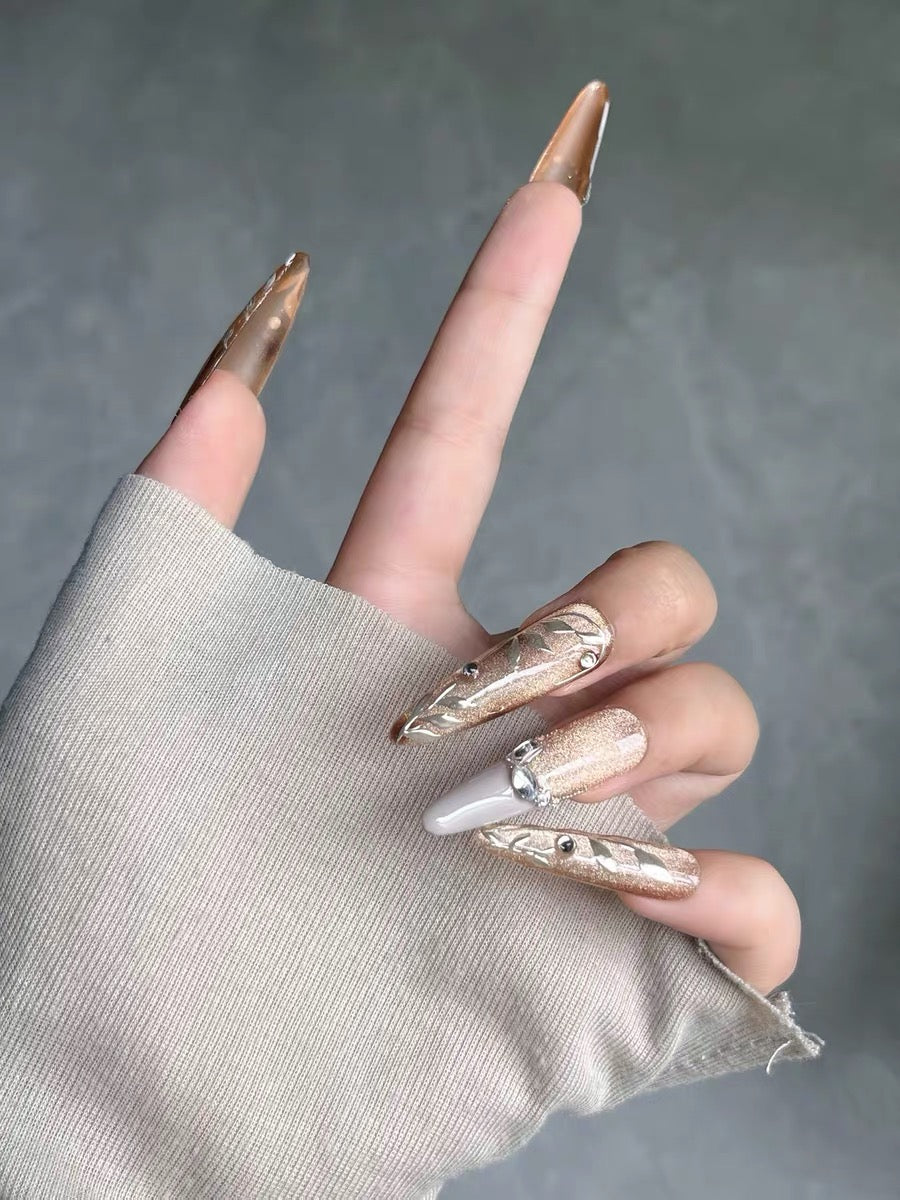 Tortoiseshell Cat-Eye & French Crystal Cat-Eye Press-On Nails