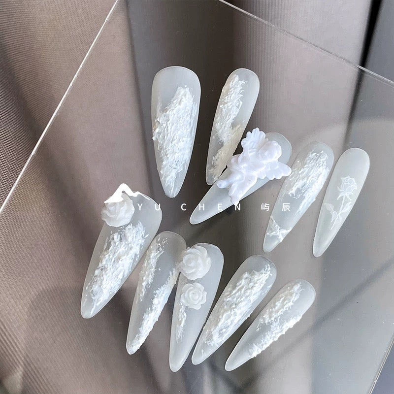 YC Designer- White Angel Matte 3D Embossed Press-On Nails
