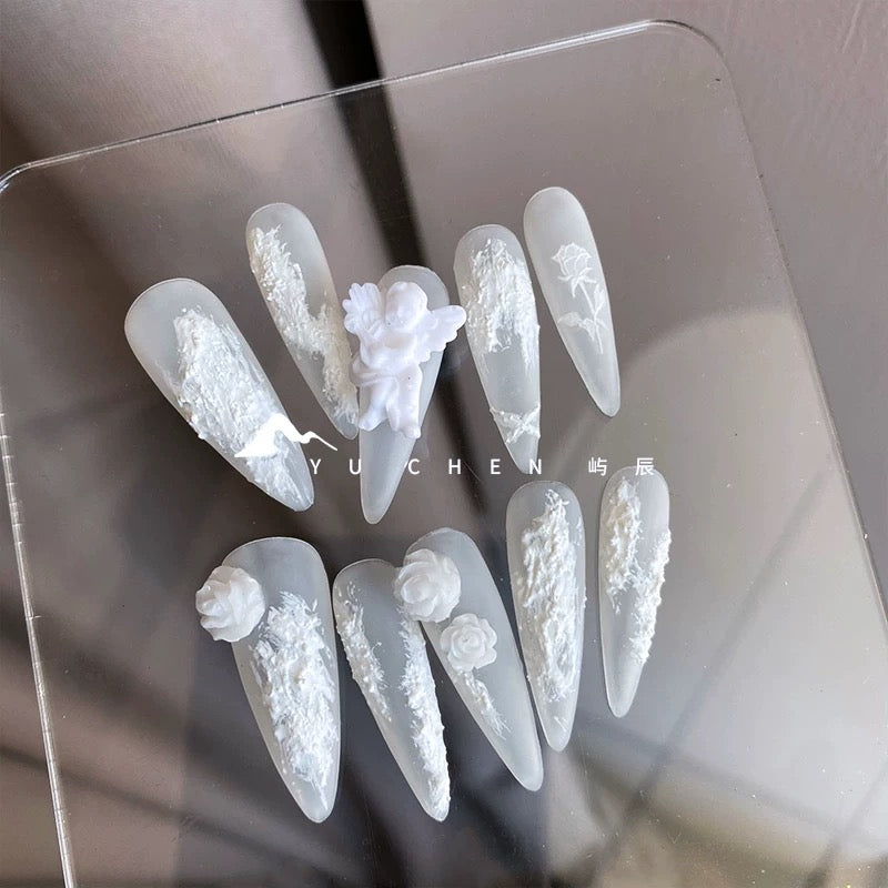 YC Designer- White Angel Matte 3D Embossed Press-On Nails