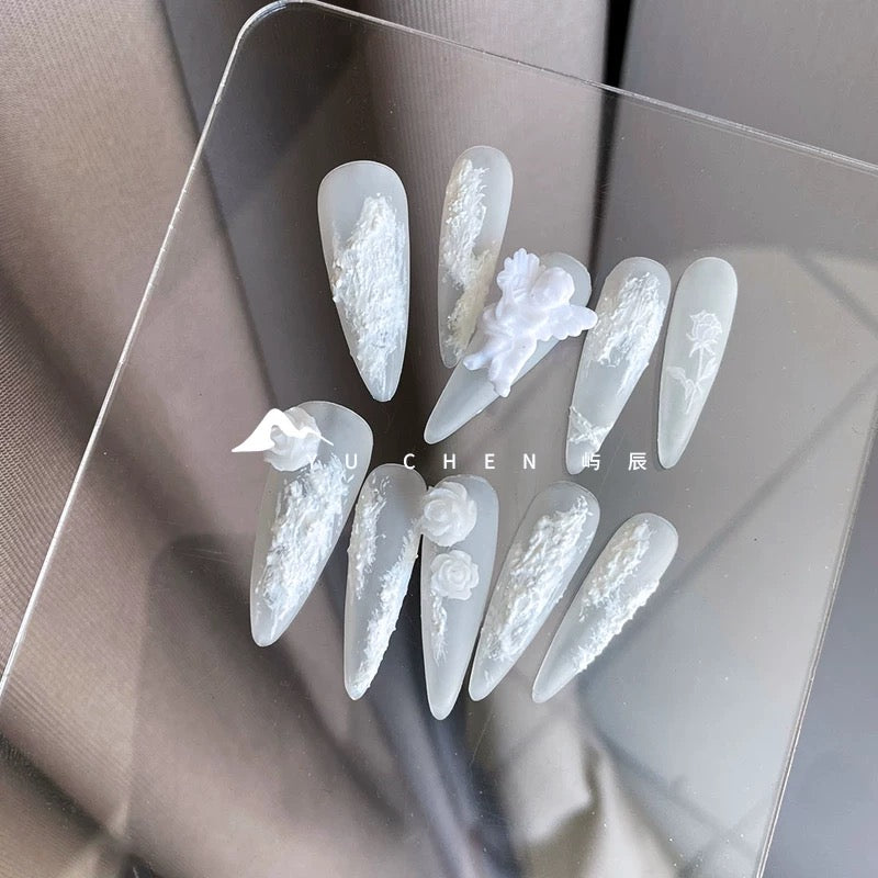 YC Designer- White Angel Matte 3D Embossed Press-On Nails