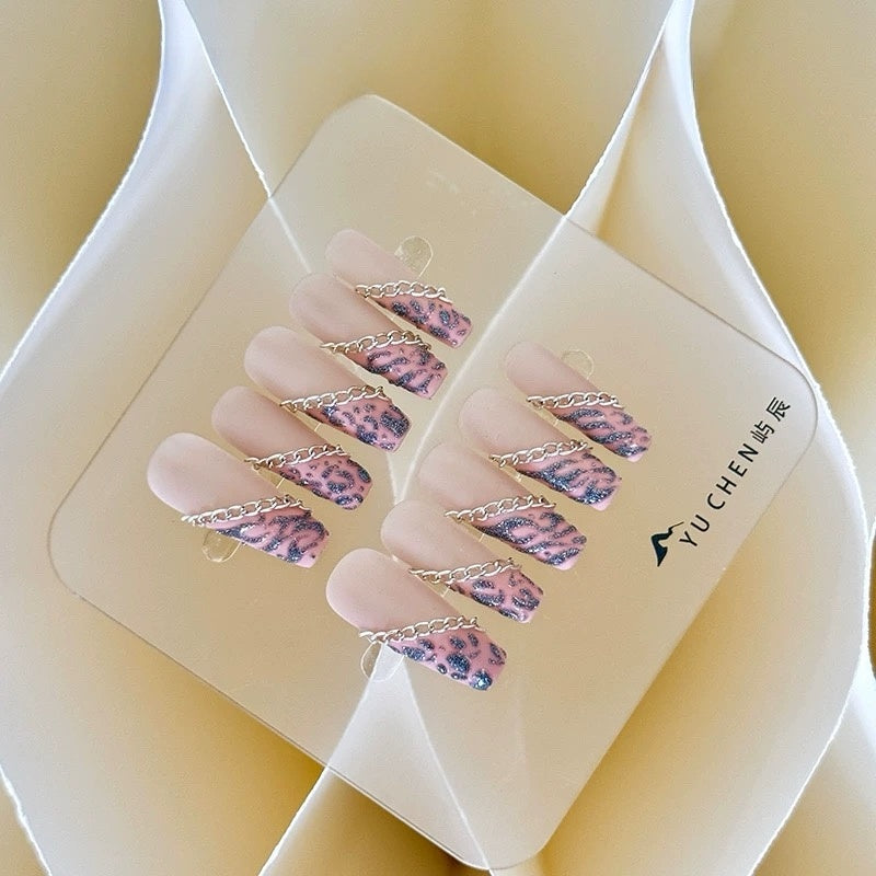 YC Designer- Sweet Style 3D Glitter Pink Leopard Chain Press-On Nails