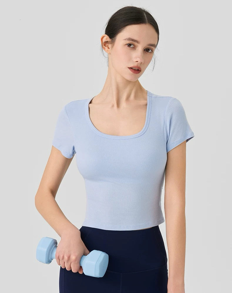 Yoga Short-Sleeve One-Piece Top with Built-in Bra