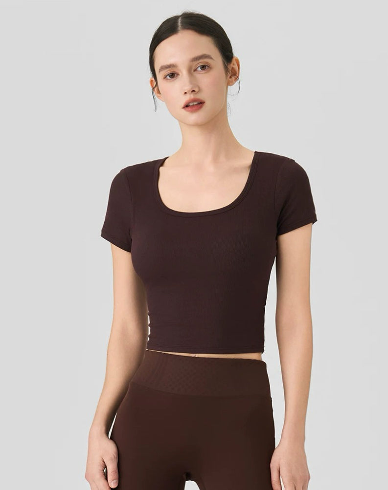 Yoga Short-Sleeve One-Piece Top with Built-in Bra