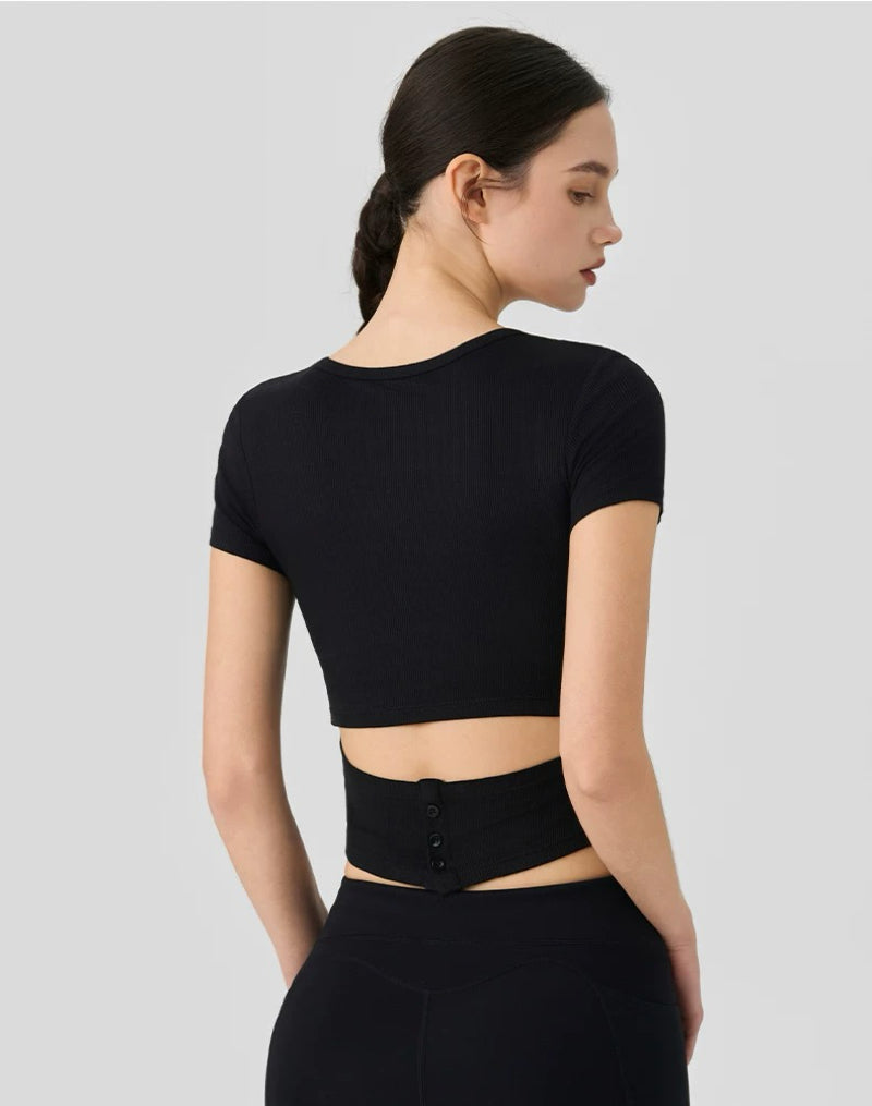 Yoga Short-Sleeve One-Piece Top with Built-in Bra