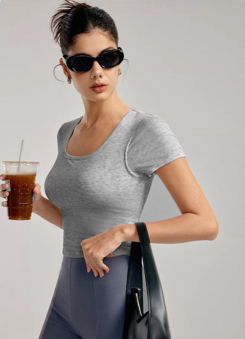 Yoga Short-Sleeve One-Piece Top with Built-in Bra