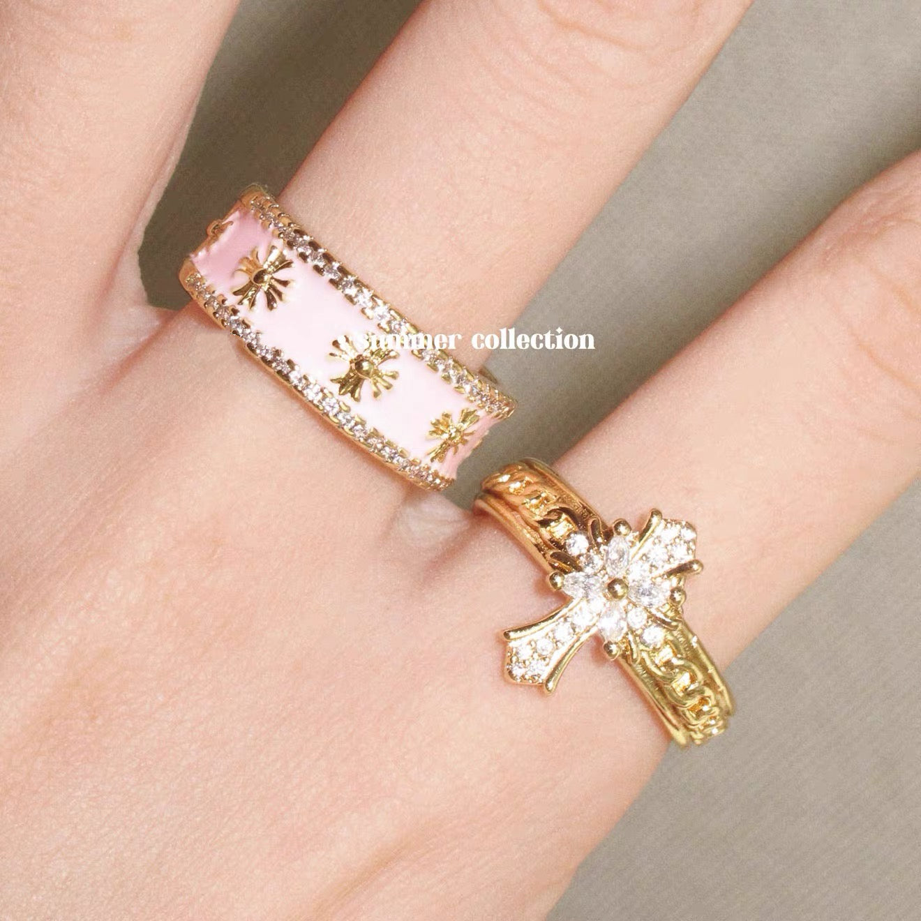 Sweetheart ~ American Baddie Pink Rhinestone Cross Ring Set