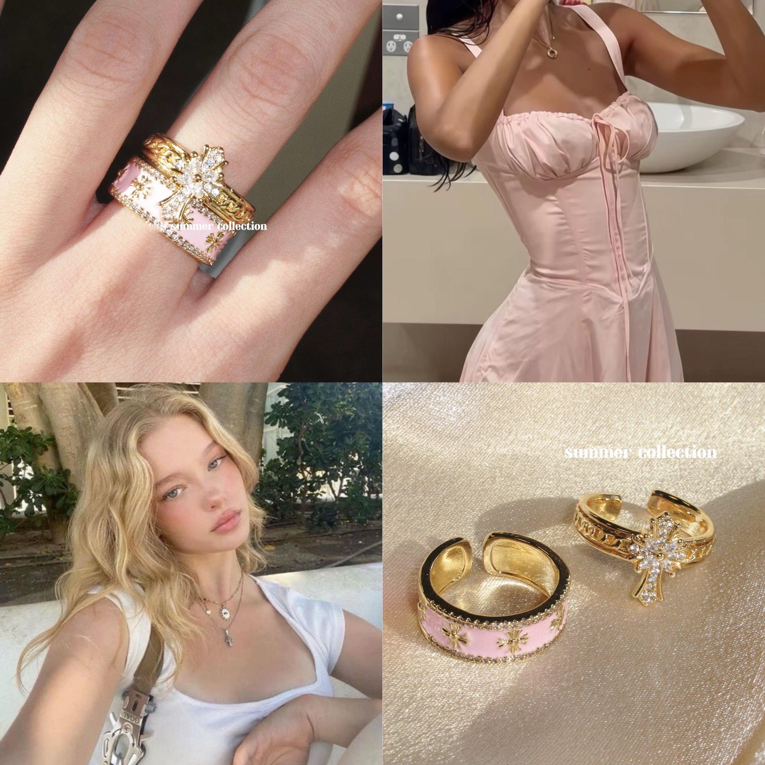 Sweetheart ~ American Baddie Pink Rhinestone Cross Ring Set
