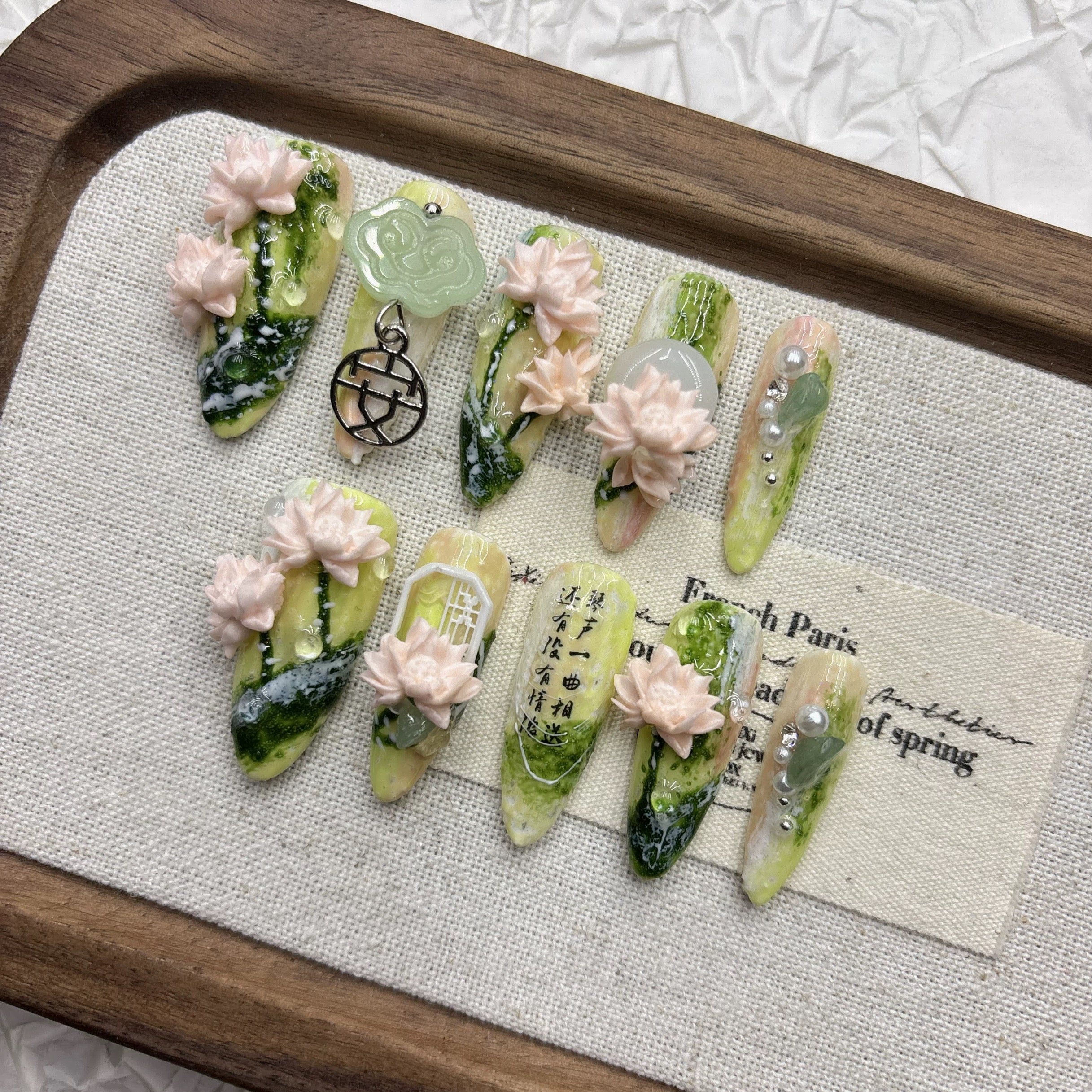 Chinese-Inspired Green Lotus Spring 3D Exaggerated Press-on Nails