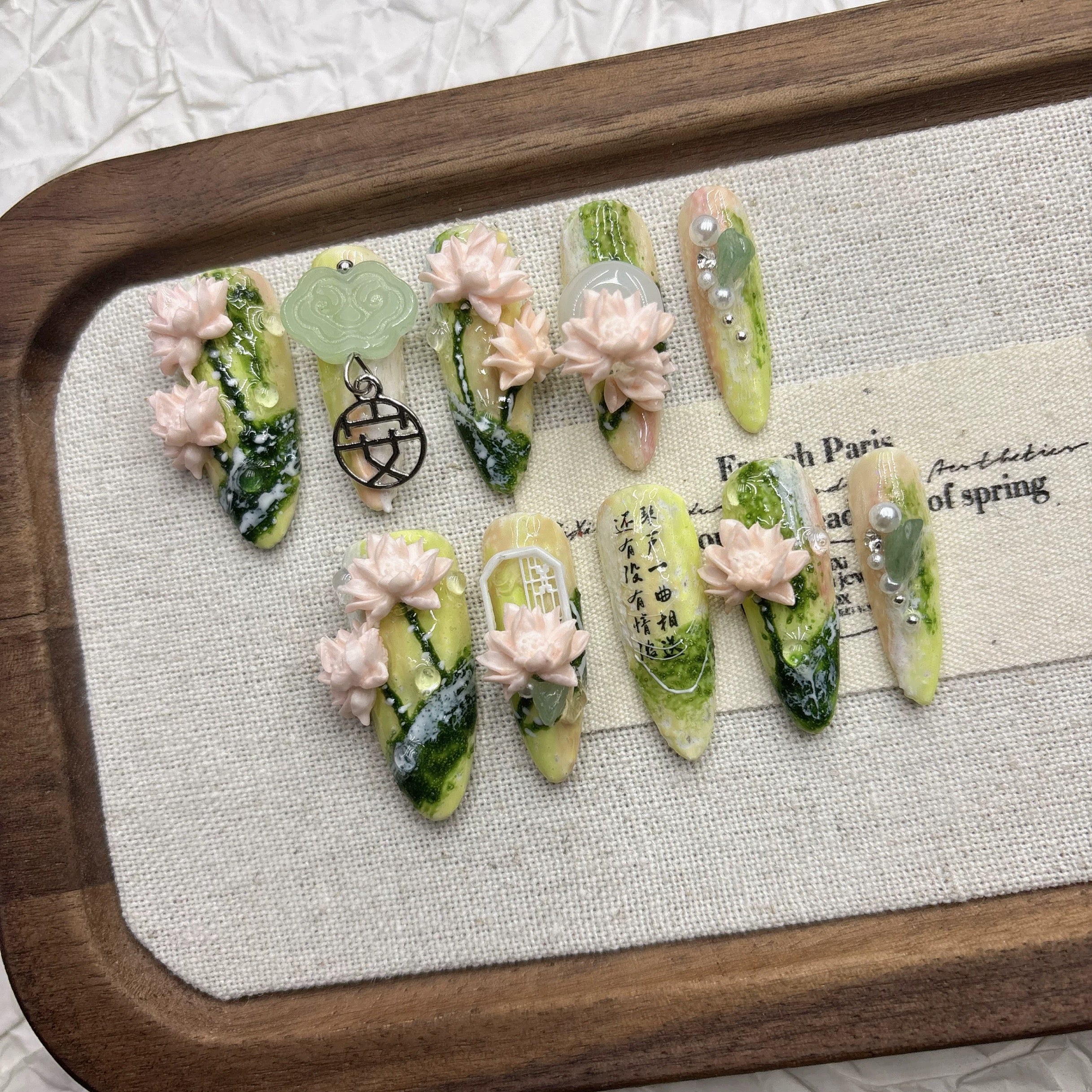 Chinese-Inspired Green Lotus Spring 3D Exaggerated Press-on Nails