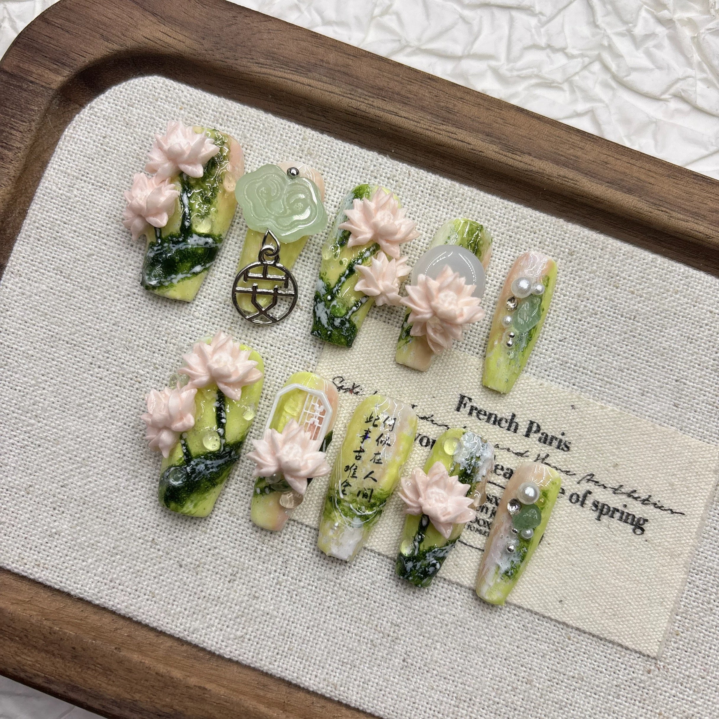 Chinese-Inspired Green Lotus Spring 3D Exaggerated Press-on Nails