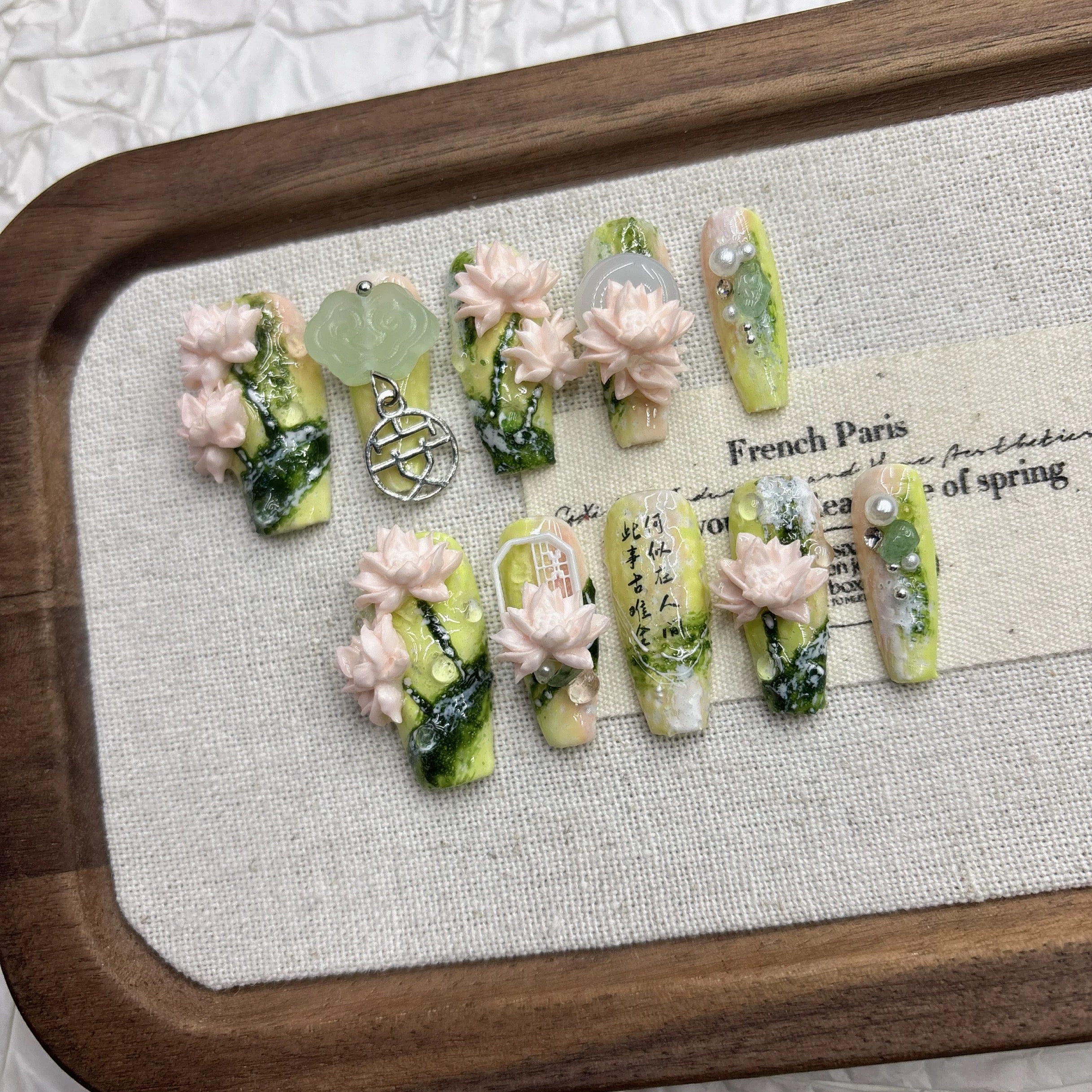 Chinese-Inspired Green Lotus Spring 3D Exaggerated Press-on Nails