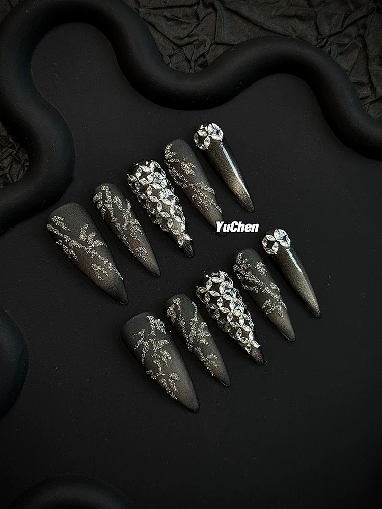YC Designer-Rippling Bamboo Shadow Black Cat-Eye Matte Press-on Nails