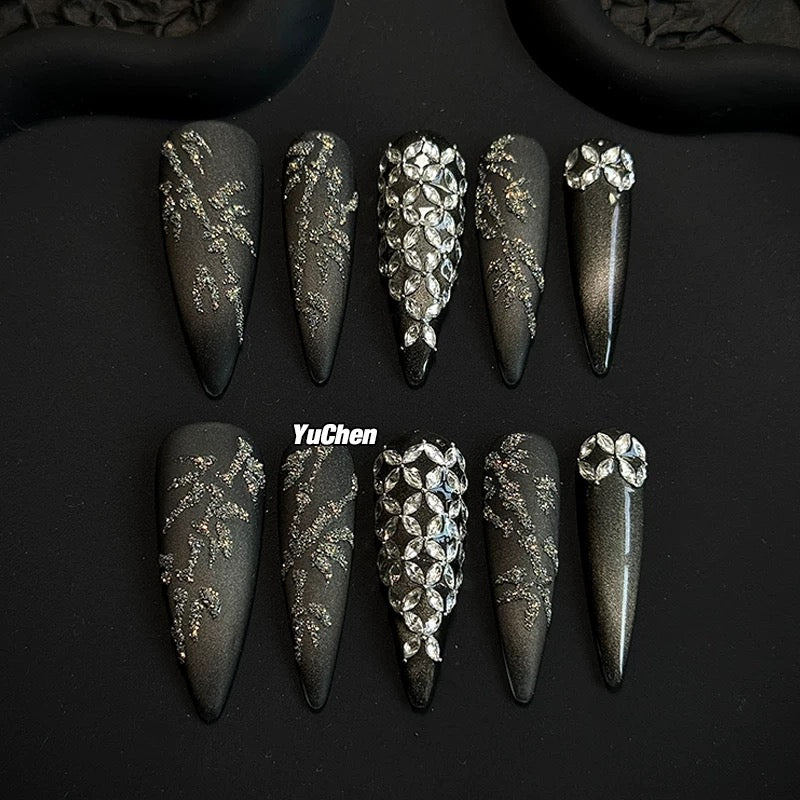 YC Designer-Rippling Bamboo Shadow Black Cat-Eye Matte Press-on Nails