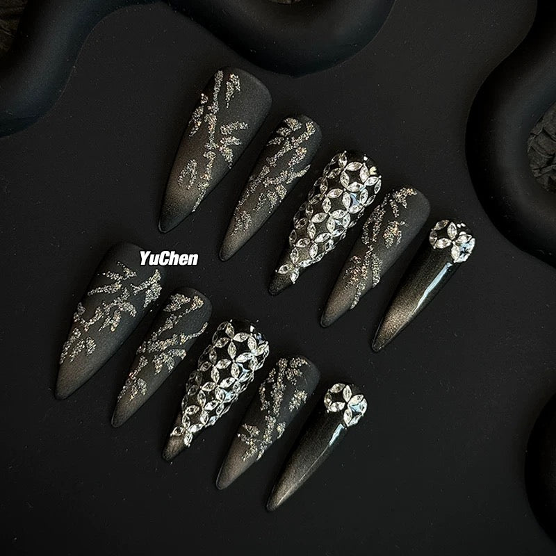 YC Designer-Rippling Bamboo Shadow Black Cat-Eye Matte Press-on Nails